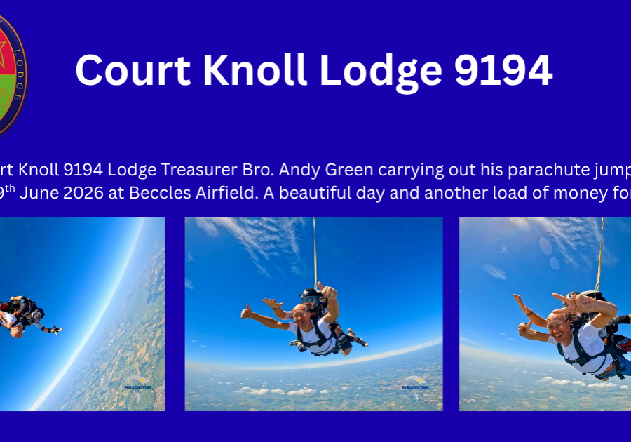 Court Knoll 9194 Lodge Treasurerr Bro Andy Green carrying ot his parachute jump on Friday 19th June 2026. A beautiful day and an